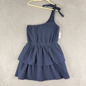 Sol Angeles One Shoulder Dress Women's Medium‎ Navy Blue Tiered Cotton Gauze NWT